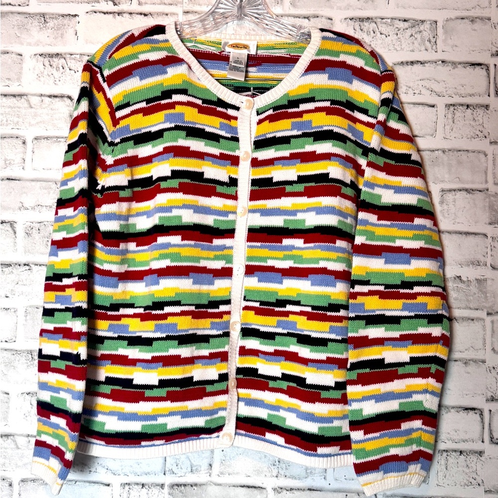 Talbots Multicolor 100% cotton cardigan Knit Sweater size large‎